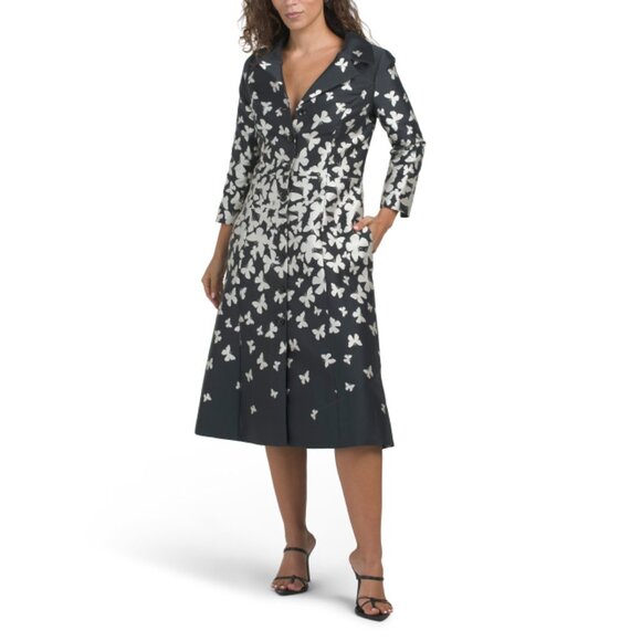 TERI JON BLACK/SILVER Mikado Butterfly Pattern Coat Dress - Picture 1 of 2